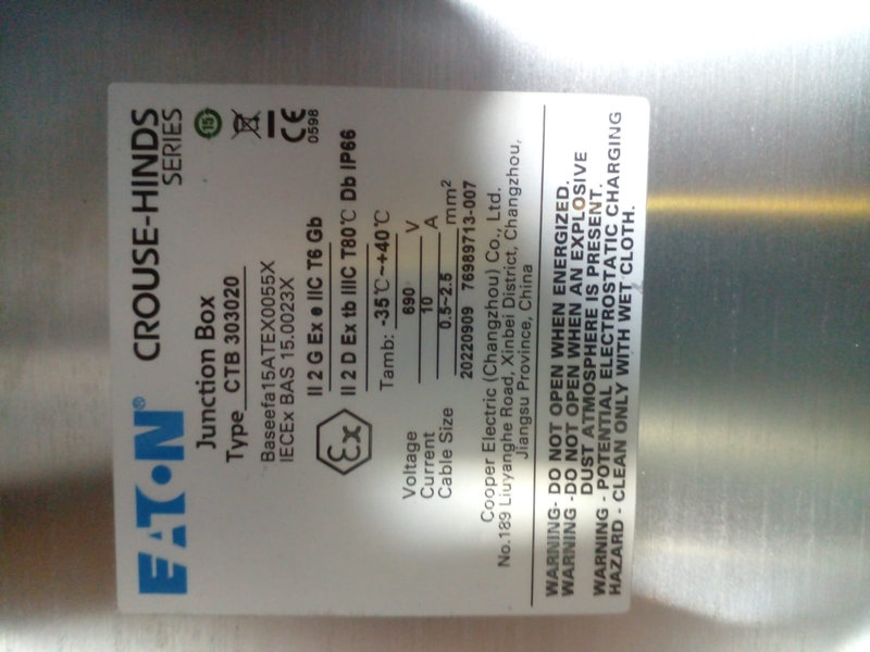 CROUSE-HINDS, CTB303020 Stainless steel Junction Box