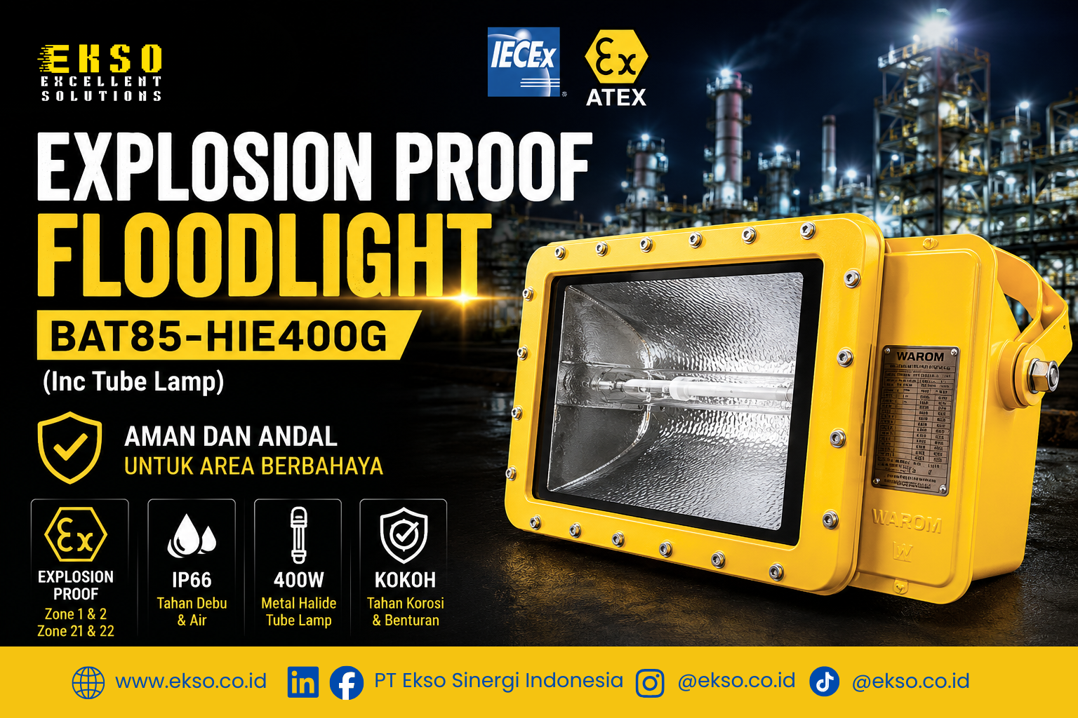 WAROM Explosion Proof Floodlight BAT85-HIE400G (Inc Tube Lamp)